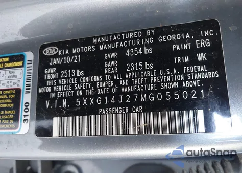 2021 Kia K5 Lxs z USA, uszkodzony, nr VIN 5XXG14J27MG055021